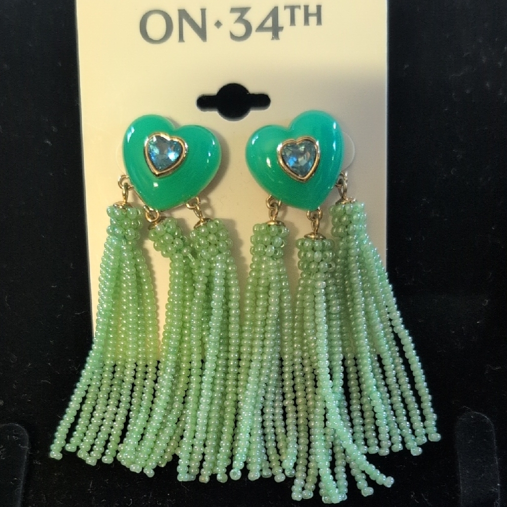 Mint Green Tassel Earrings with Crystal Studs